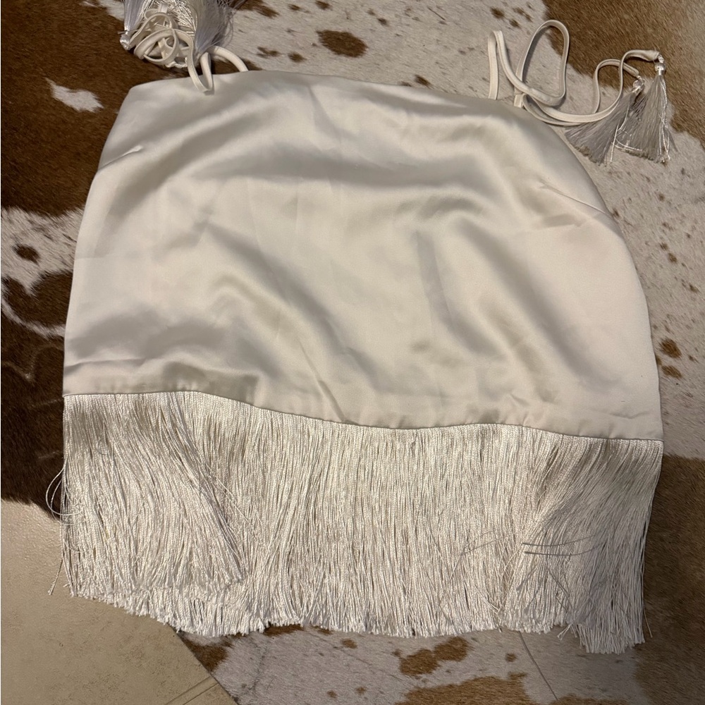 Rachel Zoe White Satin Halter with Fringe Trim